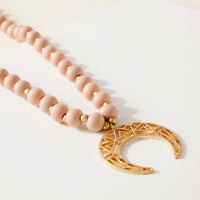 Wood Bead Crescent Pendant Necklace