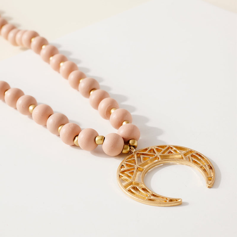Wood Bead Crescent Pendant Necklace