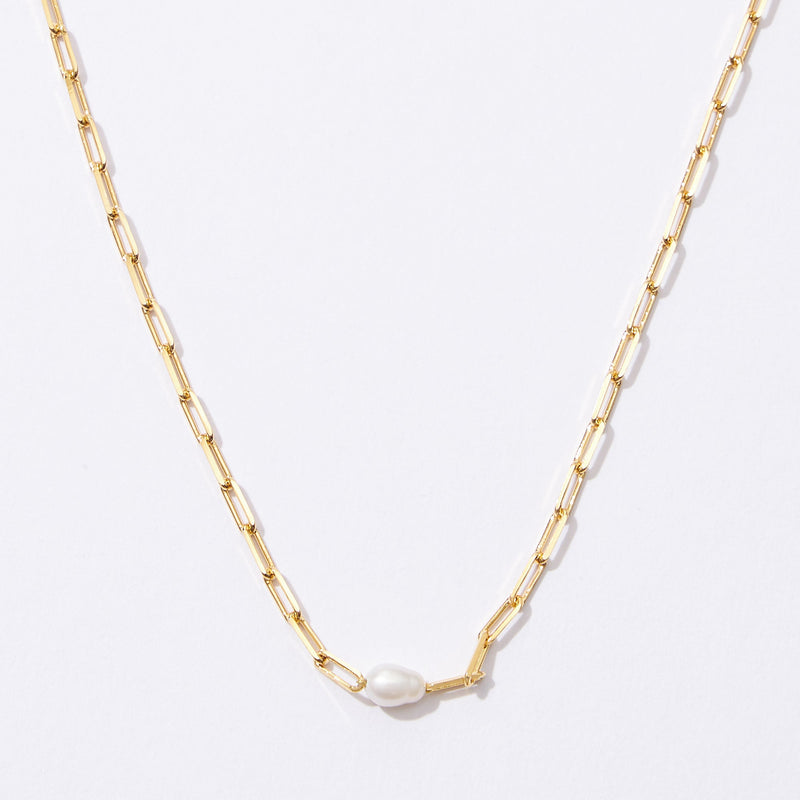 Gold Dipped Paper Clip Pearl Necklace