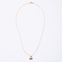 Gold Cherry Necklace with Heart-Shaped Red Stones & Green Leaf Accents – Dainty & Elegant Jewelry