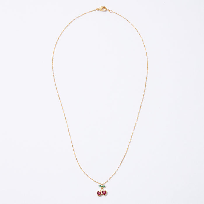 Gold Cherry Necklace with Heart-Shaped Red Stones & Green Leaf Accents – Dainty & Elegant Jewelry