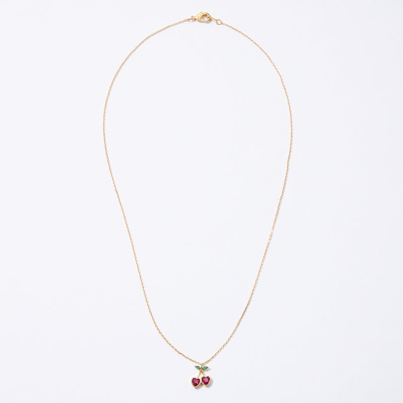 Gold Cherry Necklace with Heart-Shaped Red Stones & Green Leaf Accents – Dainty & Elegant Jewelry