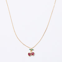 Gold Cherry Necklace with Heart-Shaped Red Stones & Green Leaf Accents – Dainty & Elegant Jewelry