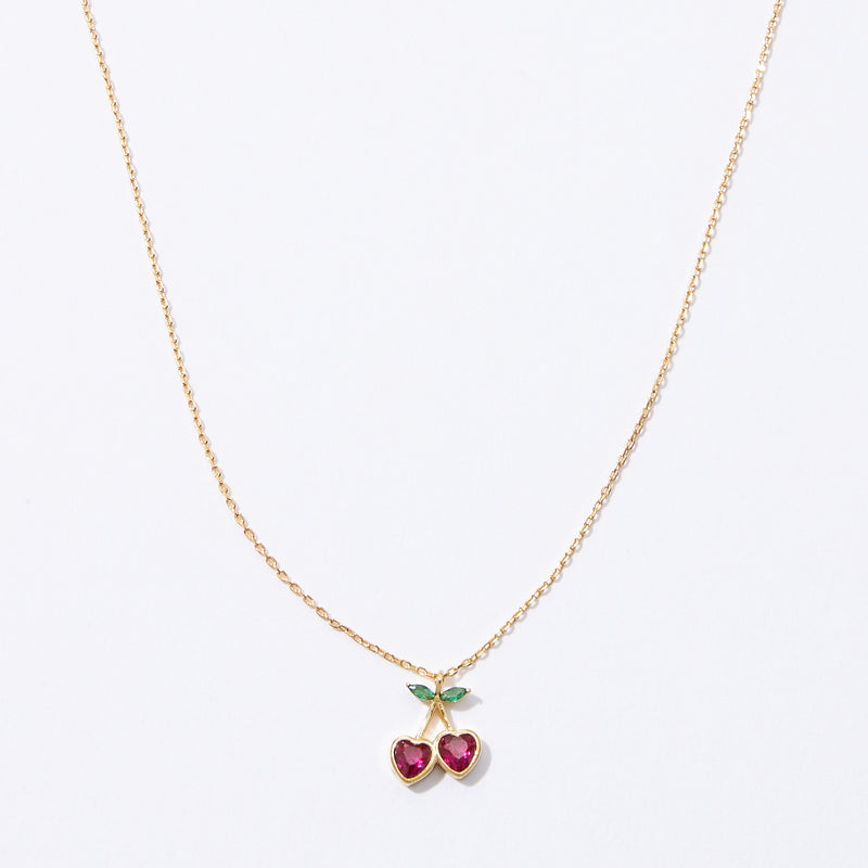 Gold Cherry Necklace with Heart-Shaped Red Stones & Green Leaf Accents – Dainty & Elegant Jewelry