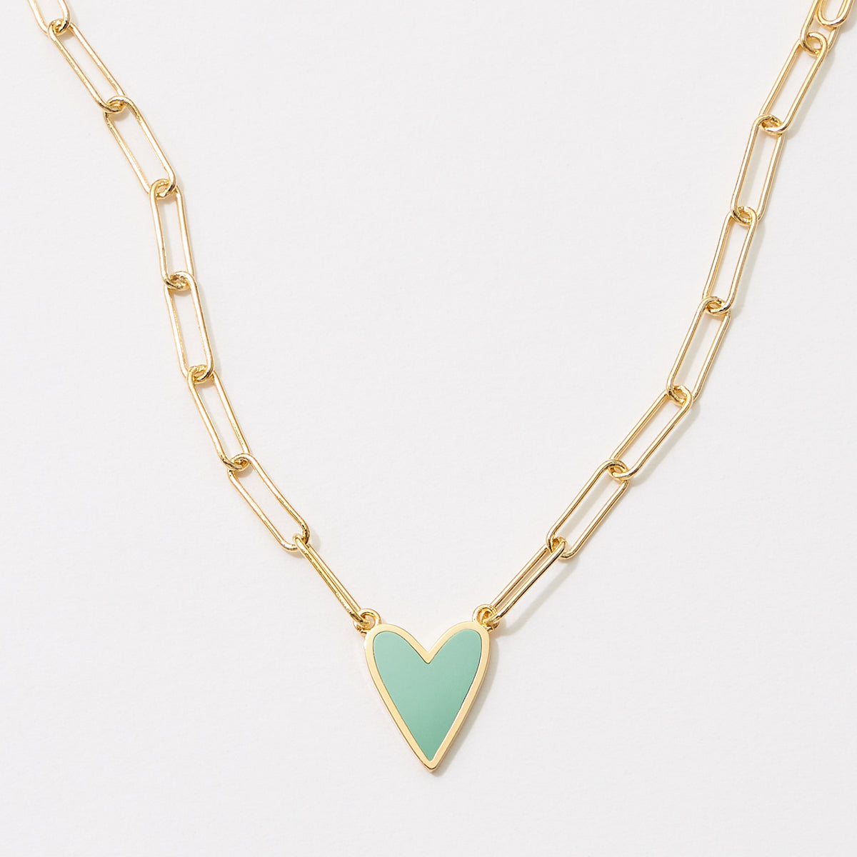 Heart Enamel Pendant Gold Dipped Paper Clip Chain Necklace