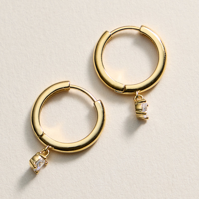 Gold Huggie Hoop Earrings with CZ Charm