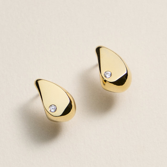 Gold Teardrop Stud Earrings with CZ Accent