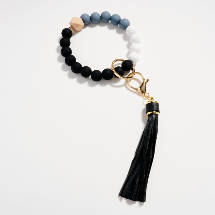 Beaded Silicone Keychain Bracelet with Tassel – Black, Gray & White Wristlet Bangle Key Ring