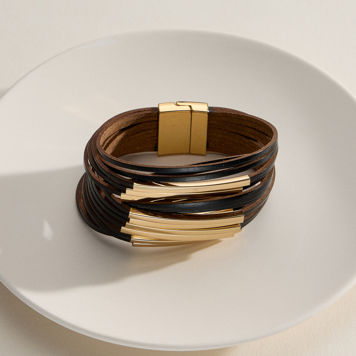 Multi-Layer Leather Bracelet – Wrap Cuff with Natural Stone Accents & Metal Clasp