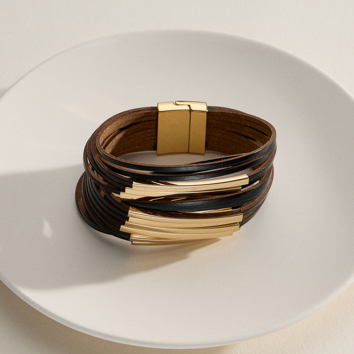 Multi-Layer Leather Bracelet – Wrap Cuff with Natural Stone Accents & Metal Clasp