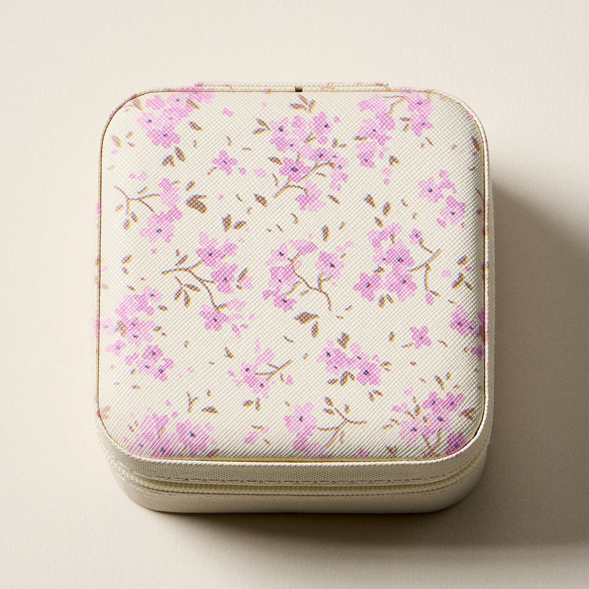 Floral Travel Jewelry Box with Mirror – Compact Zippered Jewelry Organizer in Cream & Pink