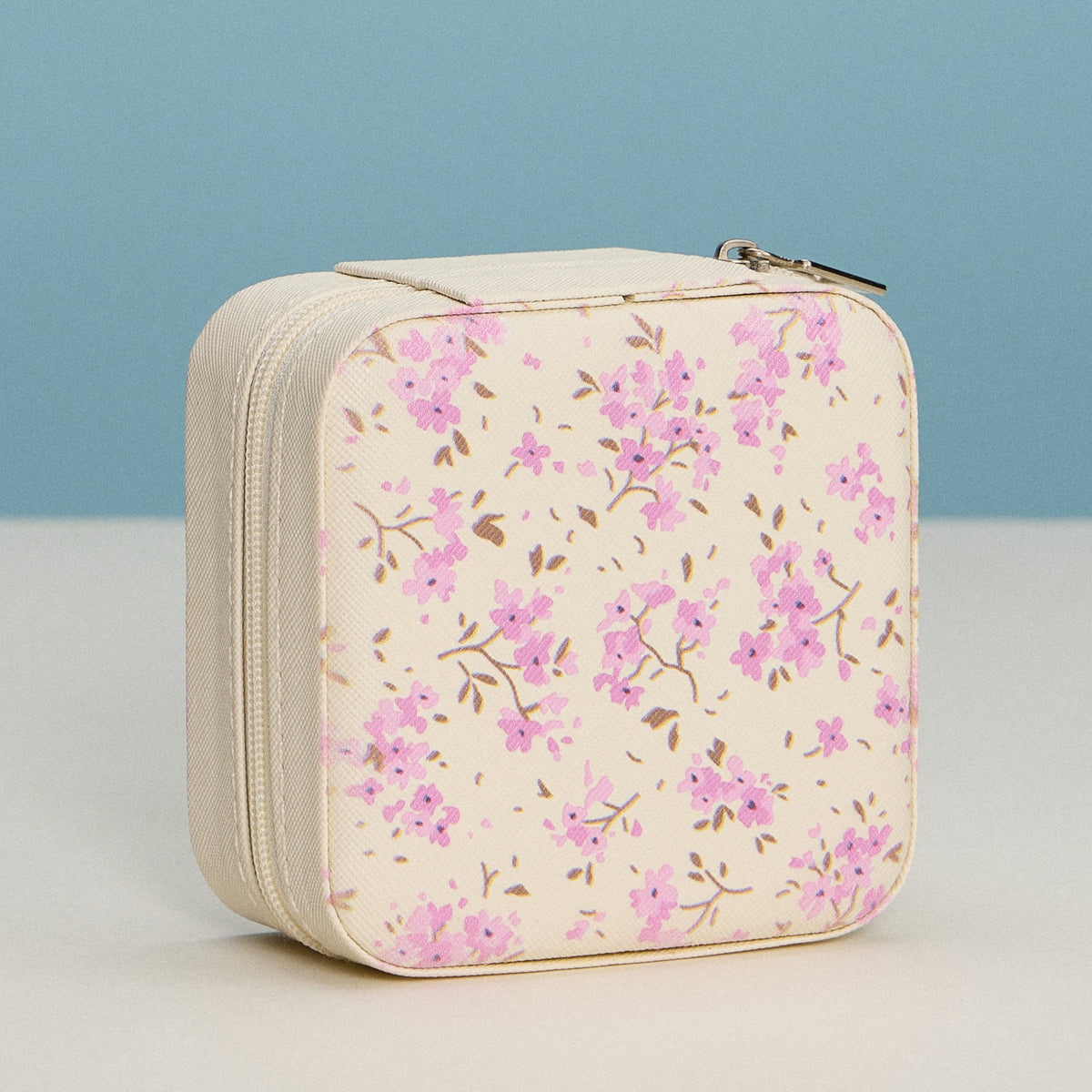 Floral Travel Jewelry Box with Mirror – Compact Zippered Jewelry Organizer in Cream & Pink