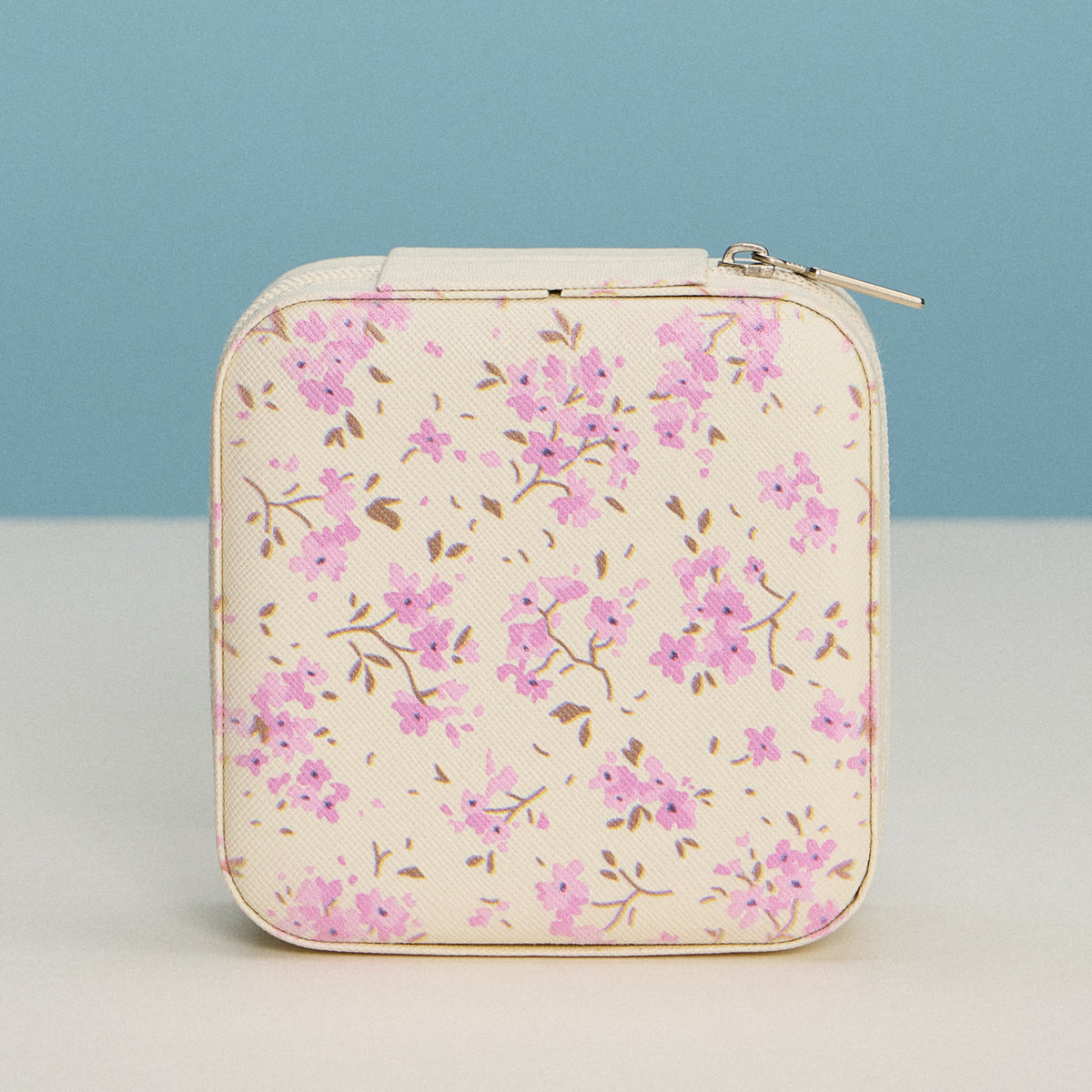 Floral Travel Jewelry Box with Mirror – Compact Zippered Jewelry Organizer in Cream & Pink