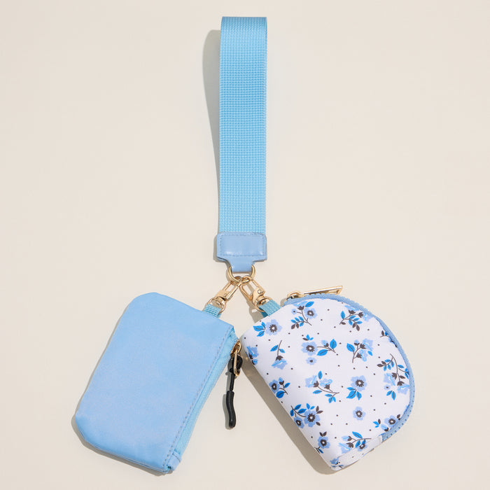 Blue Floral Nylon Pouch Wristlet