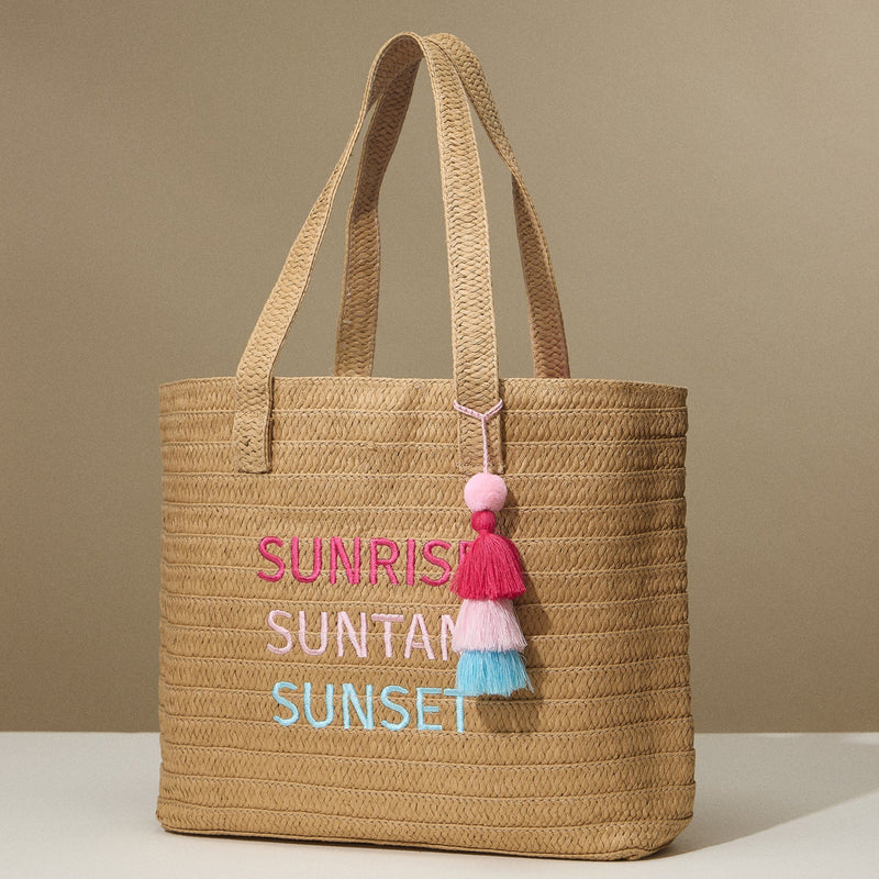 Sunrise, Suntan, Sunset Raffia Tote Bag with Colorful Tassel Accent