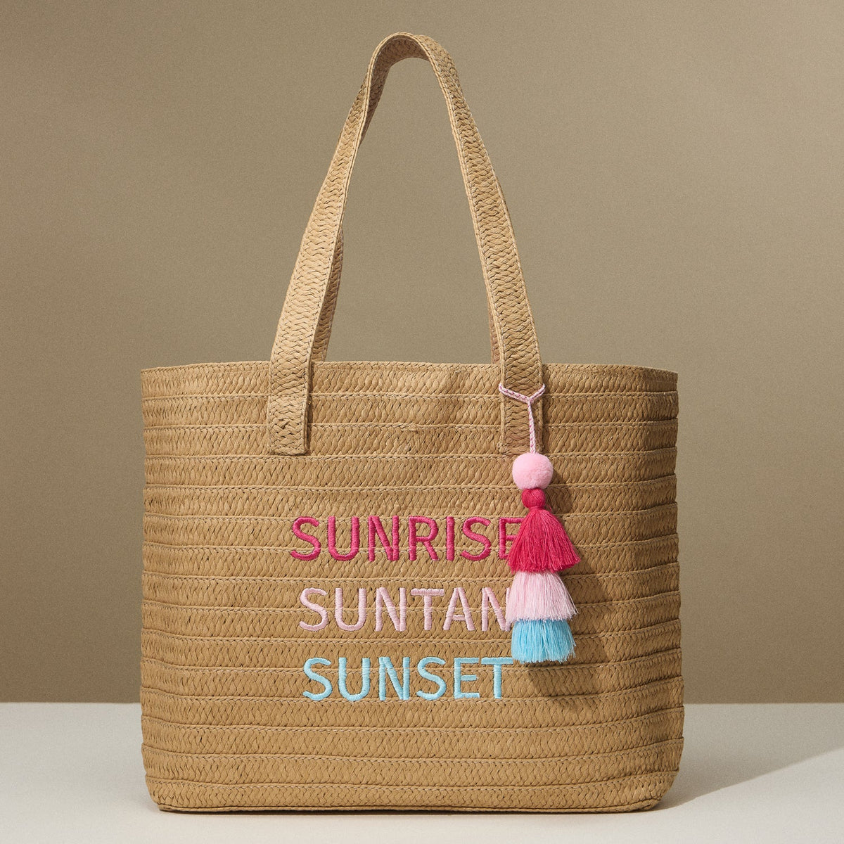 Sunrise, Suntan, Sunset Raffia Tote Bag with Colorful Tassel Accent