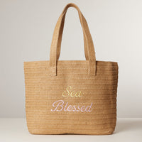 Sun Blessed Embroidered Raffia Tote Bag with Tassel Charm