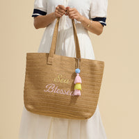 Sun Blessed Embroidered Raffia Tote Bag with Tassel Charm
