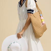 Sun Blessed Embroidered Raffia Tote Bag with Tassel Charm
