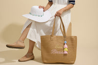Sun Blessed Embroidered Raffia Tote Bag with Tassel Charm