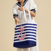 Terry Stripe Print and Anchor Patched Large Size Beach Tote