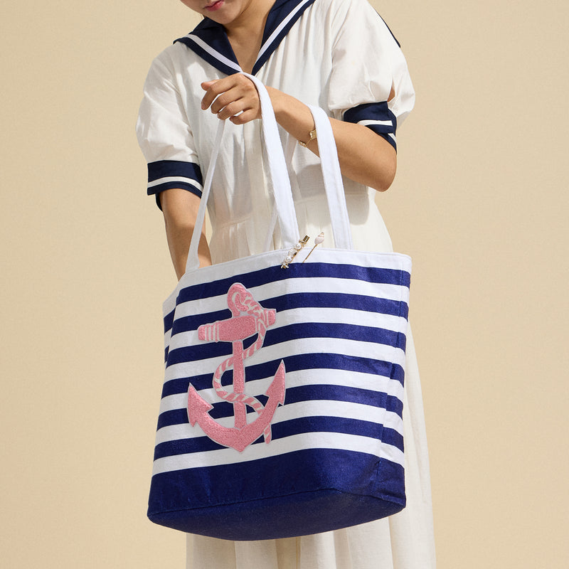 Terry Stripe Print and Anchor Patched Large Size Beach Tote