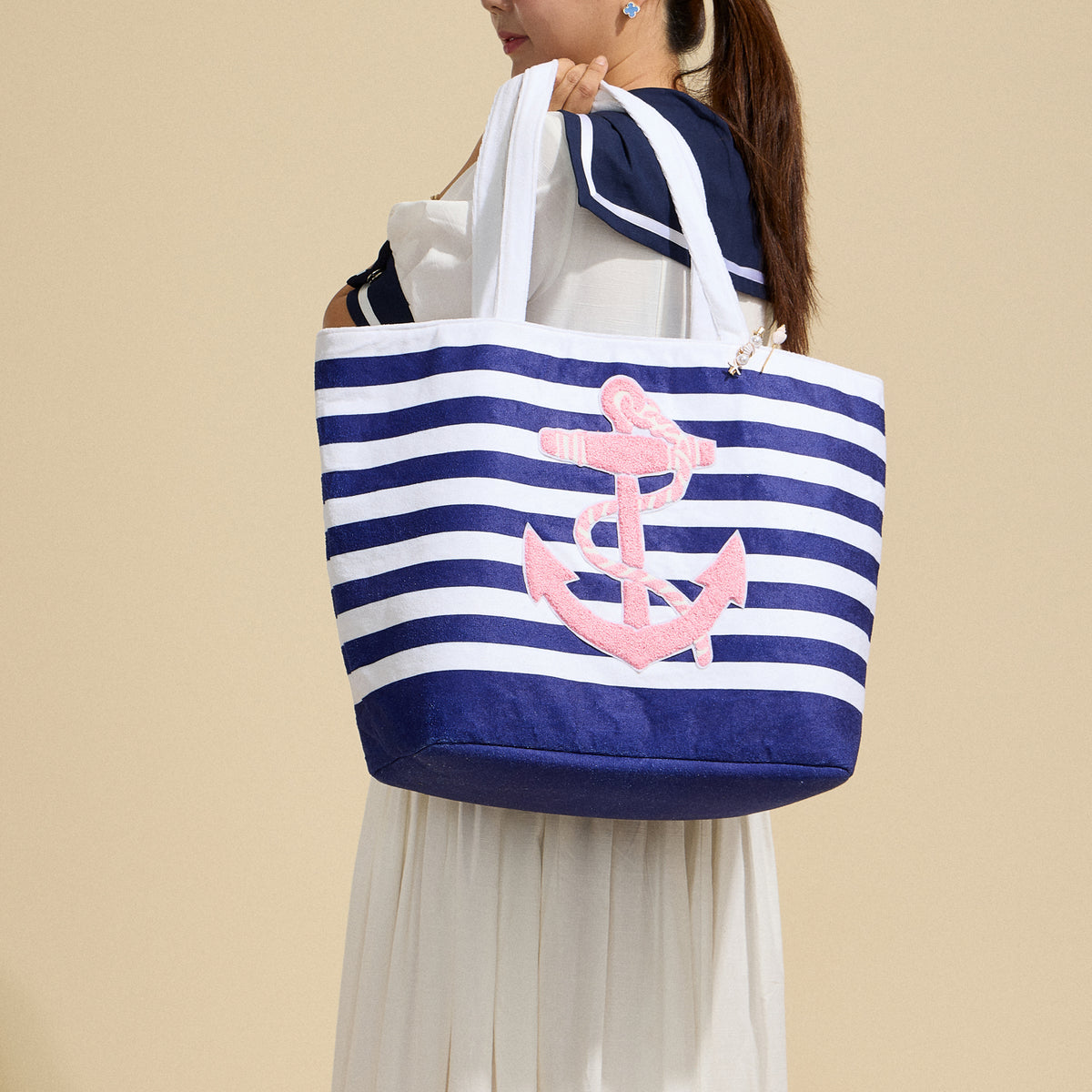 Terry Stripe Print and Anchor Patched Large Size Beach Tote
