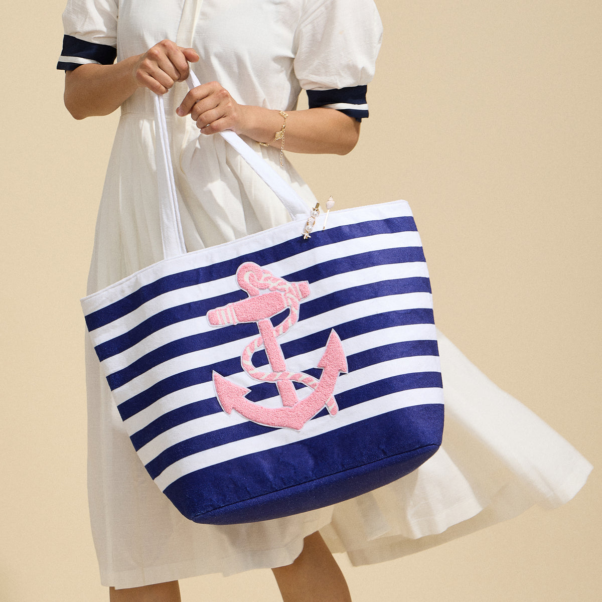 Terry Stripe Print and Anchor Patched Large Size Beach Tote
