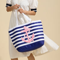 Terry Stripe Print and Anchor Patched Large Size Beach Tote