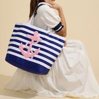 Terry Stripe Print and Anchor Patched Large Size Beach Tote