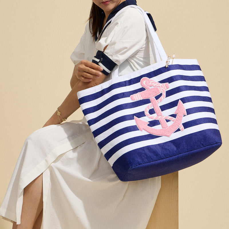 Terry Stripe Print and Anchor Patched Large Size Beach Tote