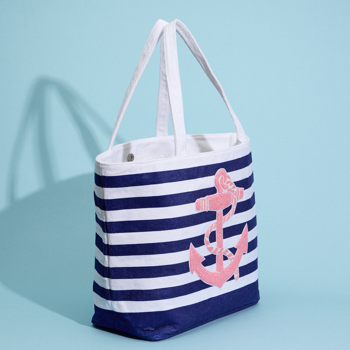Terry Stripe Print and Anchor Patched Large Size Beach Tote