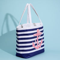 Terry Stripe Print and Anchor Patched Large Size Beach Tote