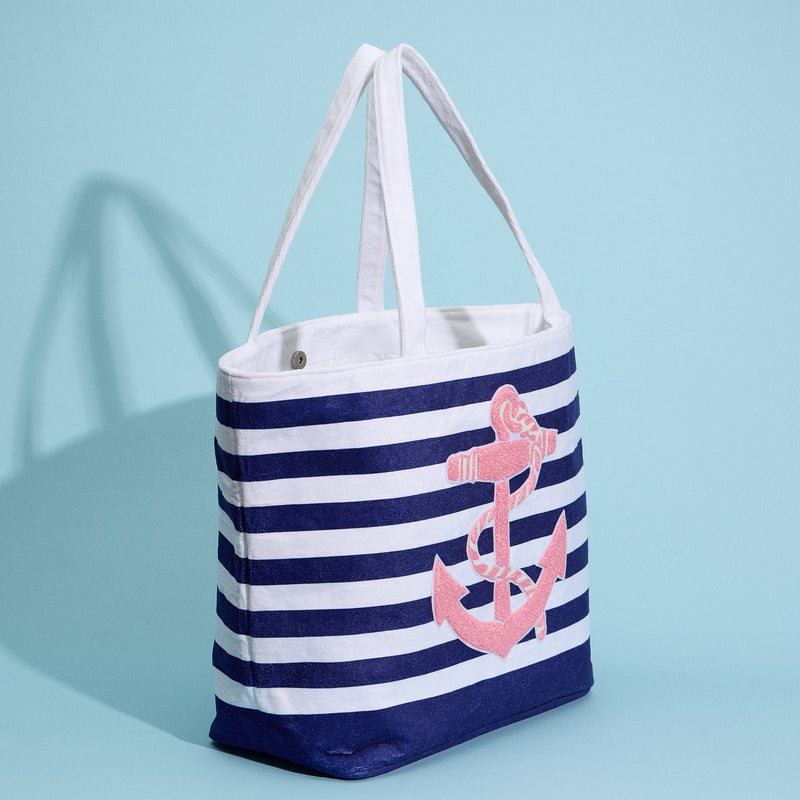 Terry Stripe Print and Anchor Patched Large Size Beach Tote