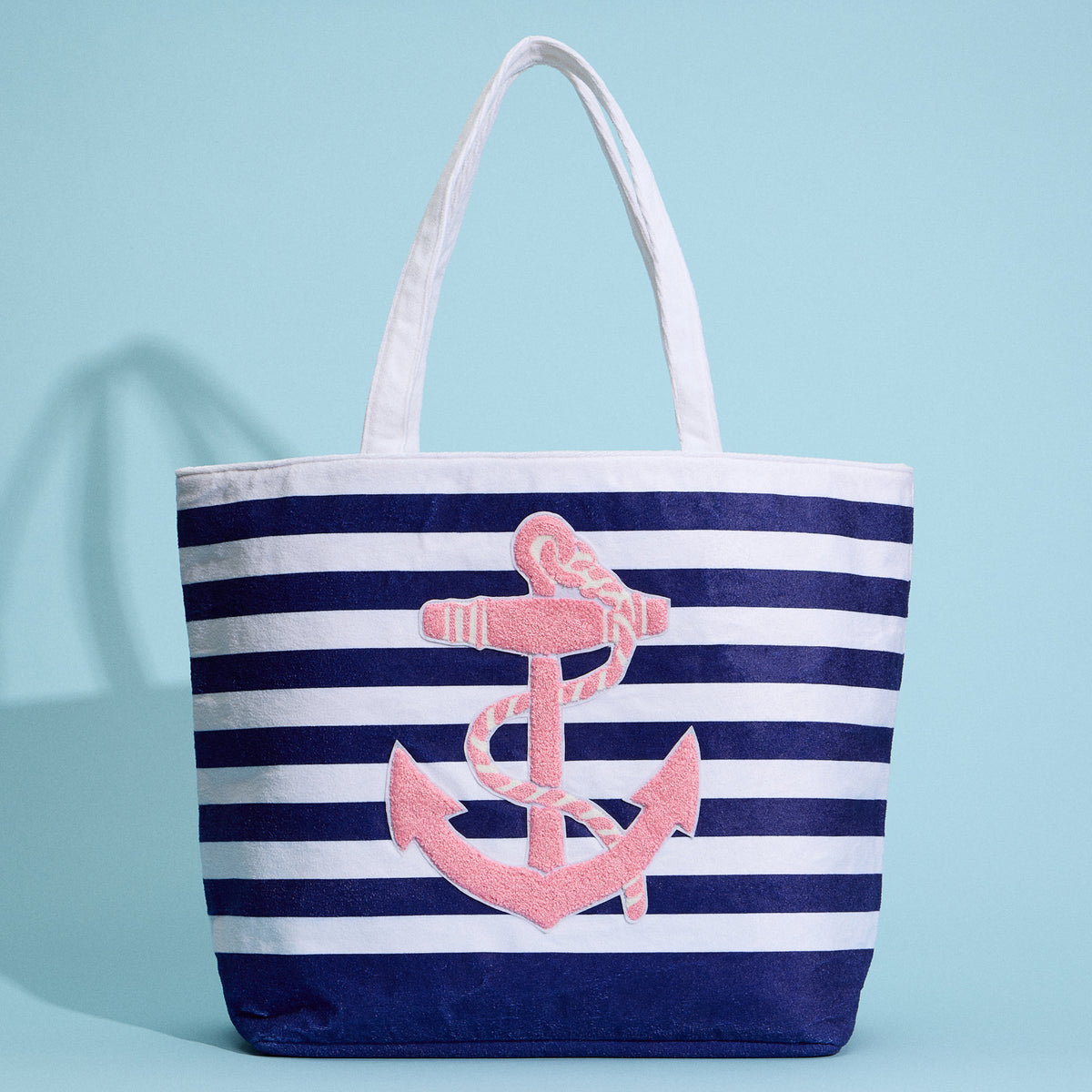 Terry Stripe Print and Anchor Patched Large Size Beach Tote
