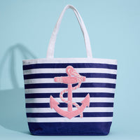Terry Stripe Print and Anchor Patched Large Size Beach Tote