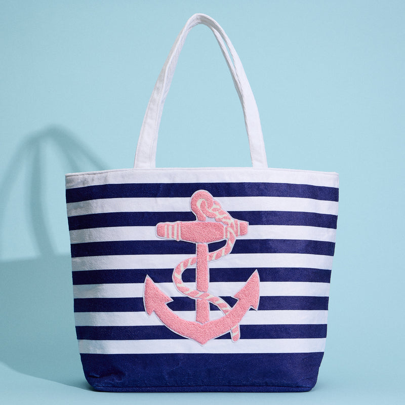 Terry Stripe Print and Anchor Patched Large Size Beach Tote