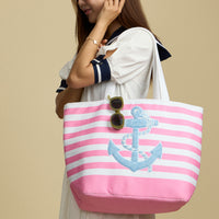 Terry Stripe Print and Anchor Patched Large Size Beach Tote