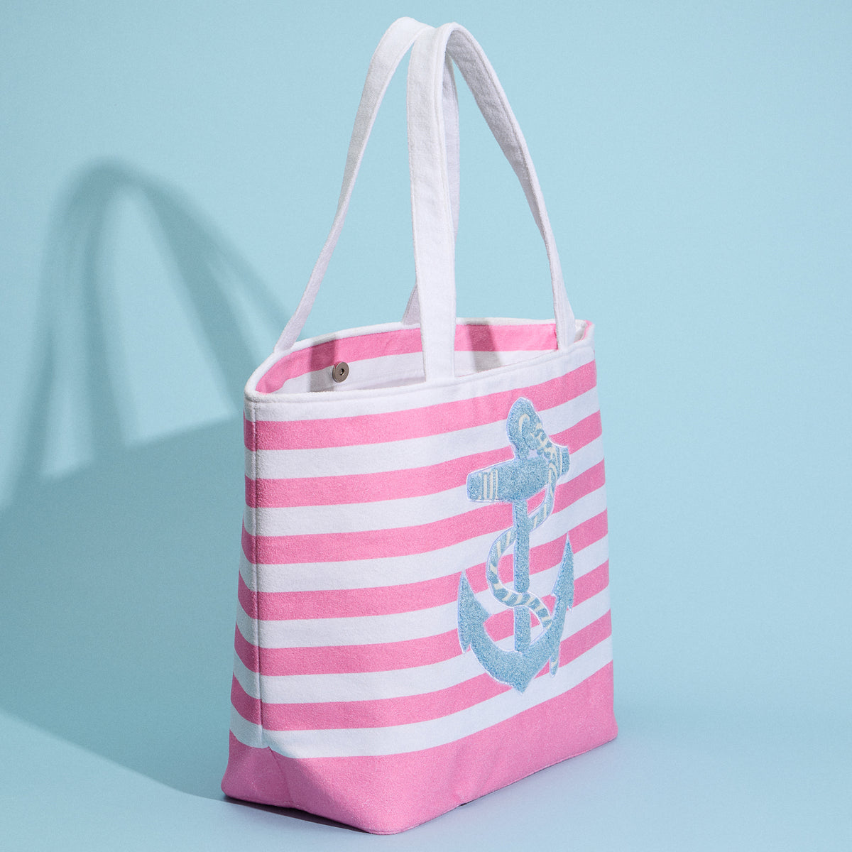 Terry Stripe Print and Anchor Patched Large Size Beach Tote