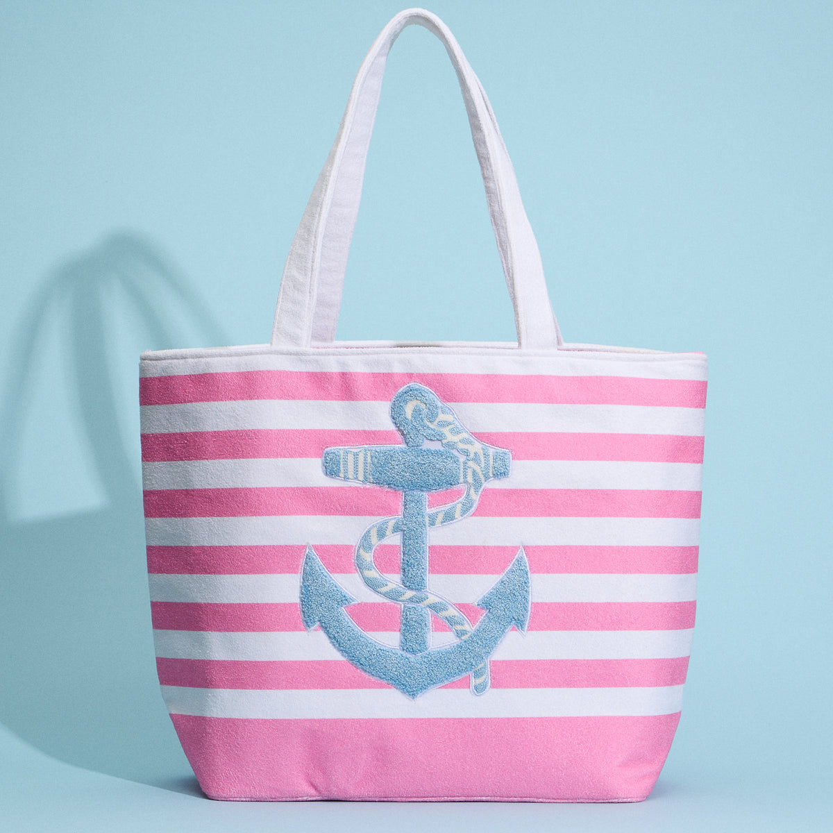 Terry Stripe Print and Anchor Patched Large Size Beach Tote