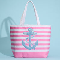 Terry Stripe Print and Anchor Patched Large Size Beach Tote