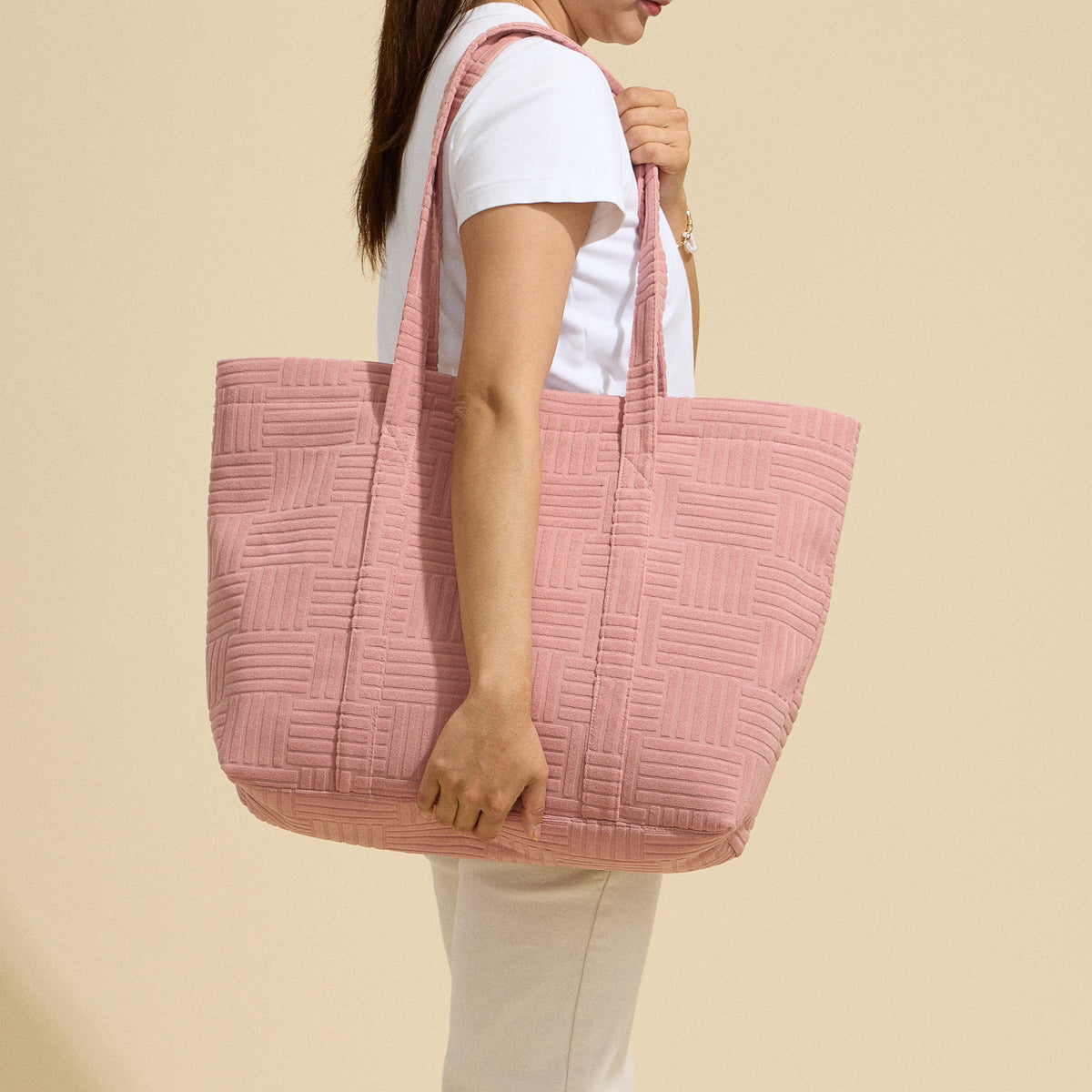 Luxe Terry Irregular Grid Pattern Tote Bag - Beach Bag