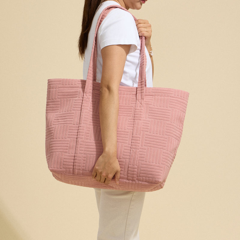 Luxe Terry Irregular Grid Pattern Tote Bag - Beach Bag