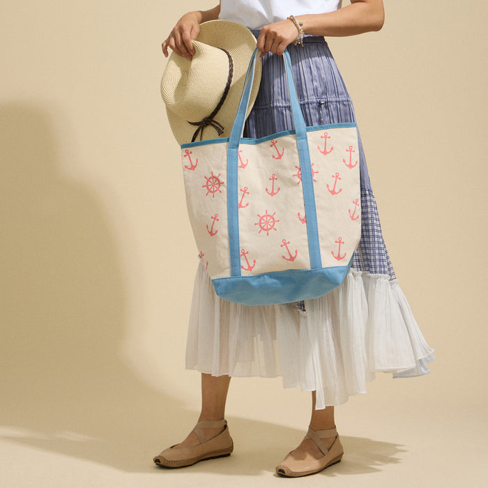 Large Size Nautical Theme Print Everywhere-Carry Canvas Tote - Beach Bag