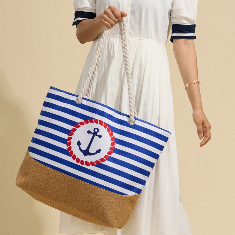 Coastal Chic Nautical Anchor & Stripe Beach Tote