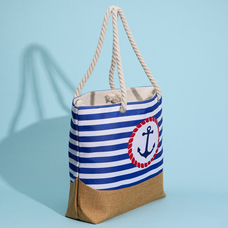 Coastal Chic Nautical Anchor & Stripe Beach Tote