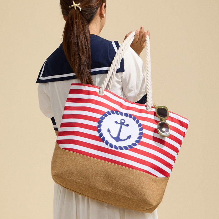 Coastal Chic Nautical Anchor & Stripe Beach Tote