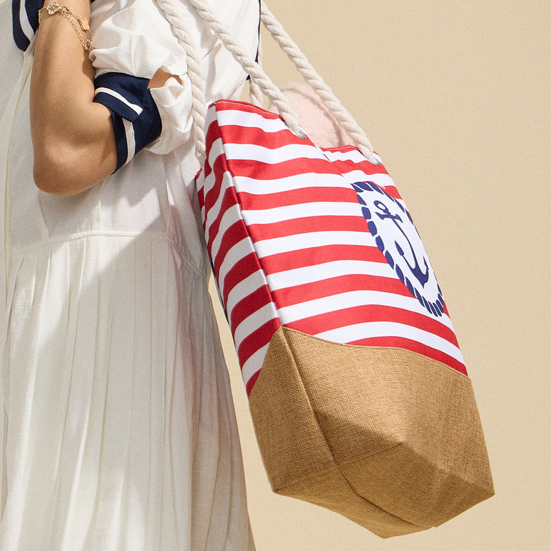 Coastal Chic Nautical Anchor & Stripe Beach Tote