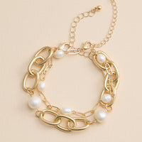 Gold Chain Link Bracelet with Freshwater Pearls – Elegant Layered Bracelet Set