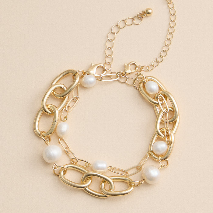 Gold Chain Link Bracelet with Freshwater Pearls – Elegant Layered Bracelet Set